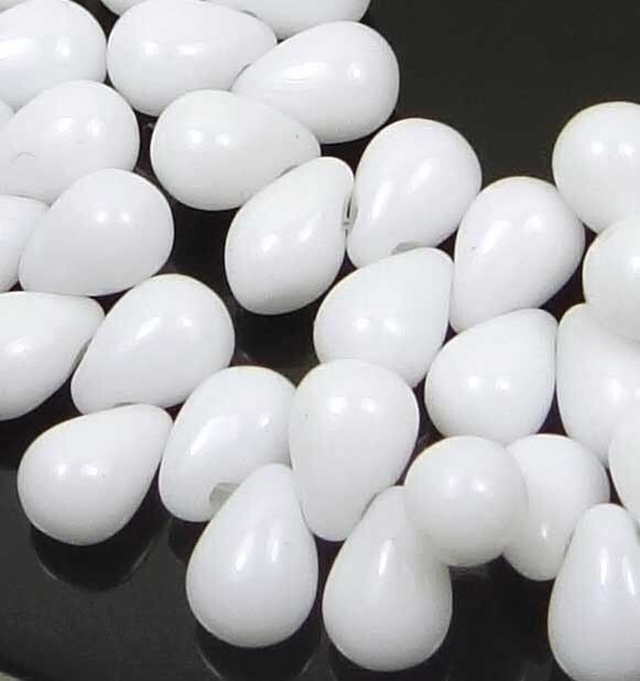 50 Czech Glass Teardrop Beads – Opaque White 6x4mm
