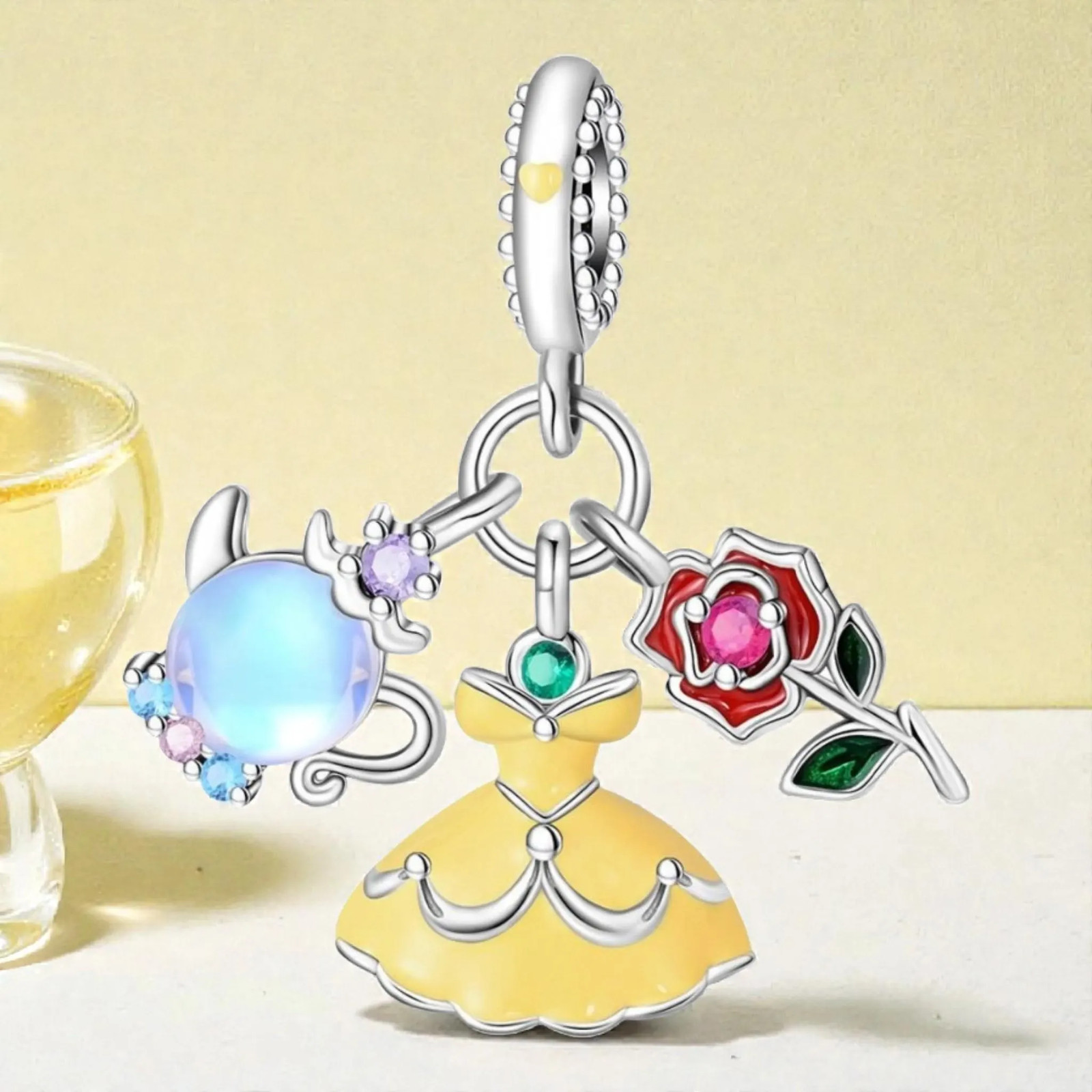 Beauty and the Beast Sterling Silver Charm, Enchanted Rose, Belle Dress