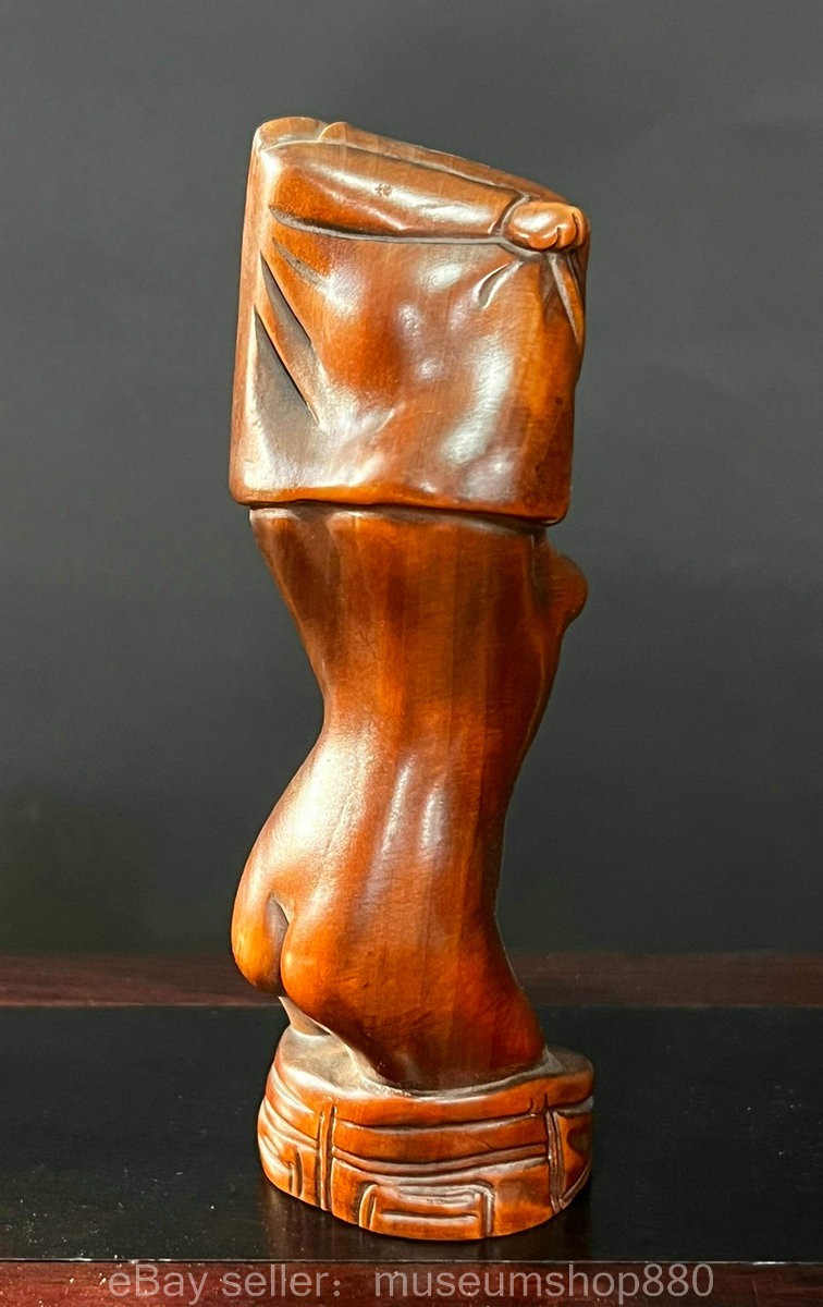 4″ Old Chinese Boxwood Wood Carving Beautiful woman People Statue