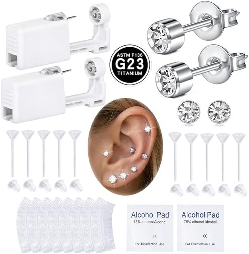 G23 Titanium Ear Piercing Kit, ASTM F136 Implant Grade 3Mm 4Mm CZ Studs for Sens
