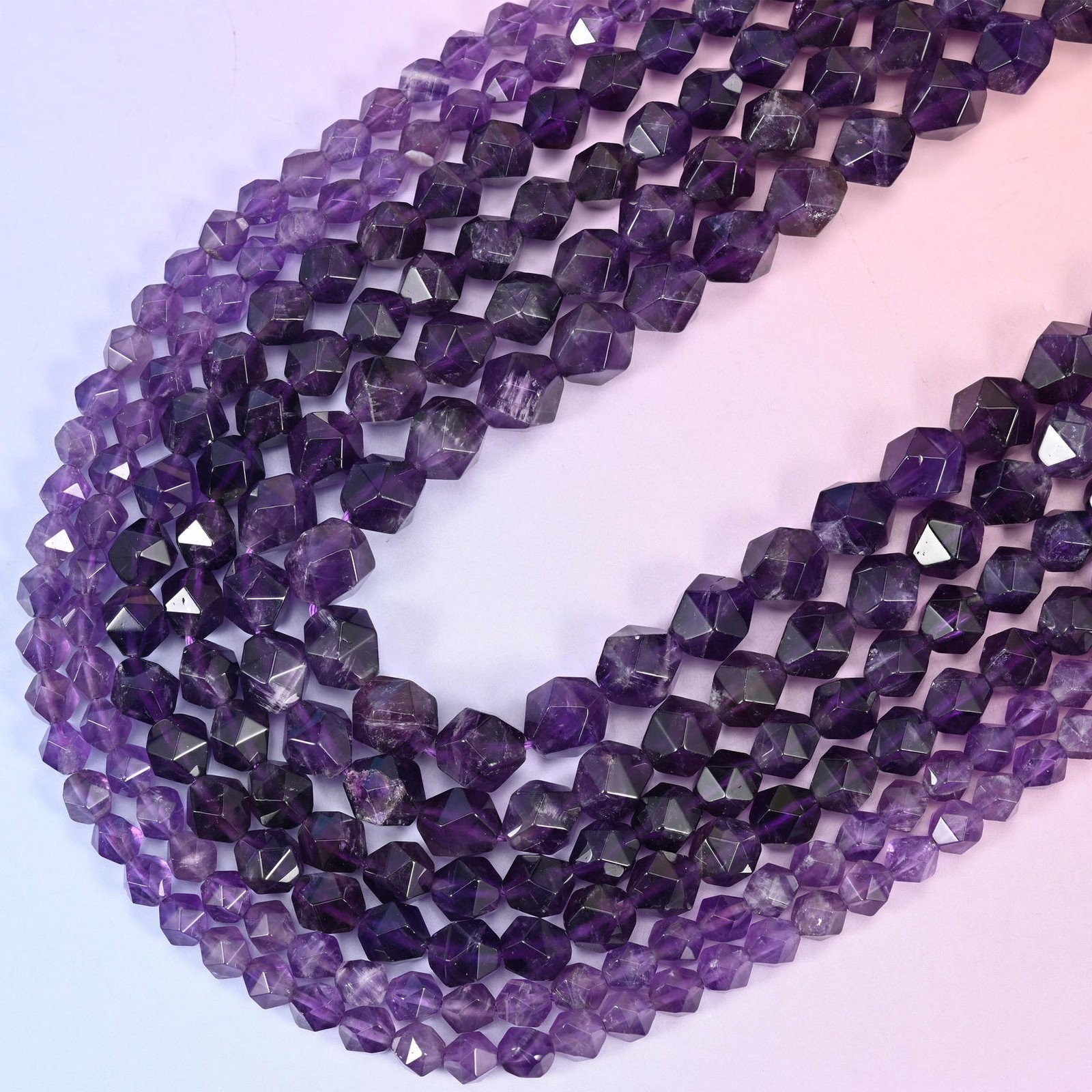 Purple Amethyst Diamond Star Cut Beads 6mm 8mm 10mm 15.5 Inch Strand