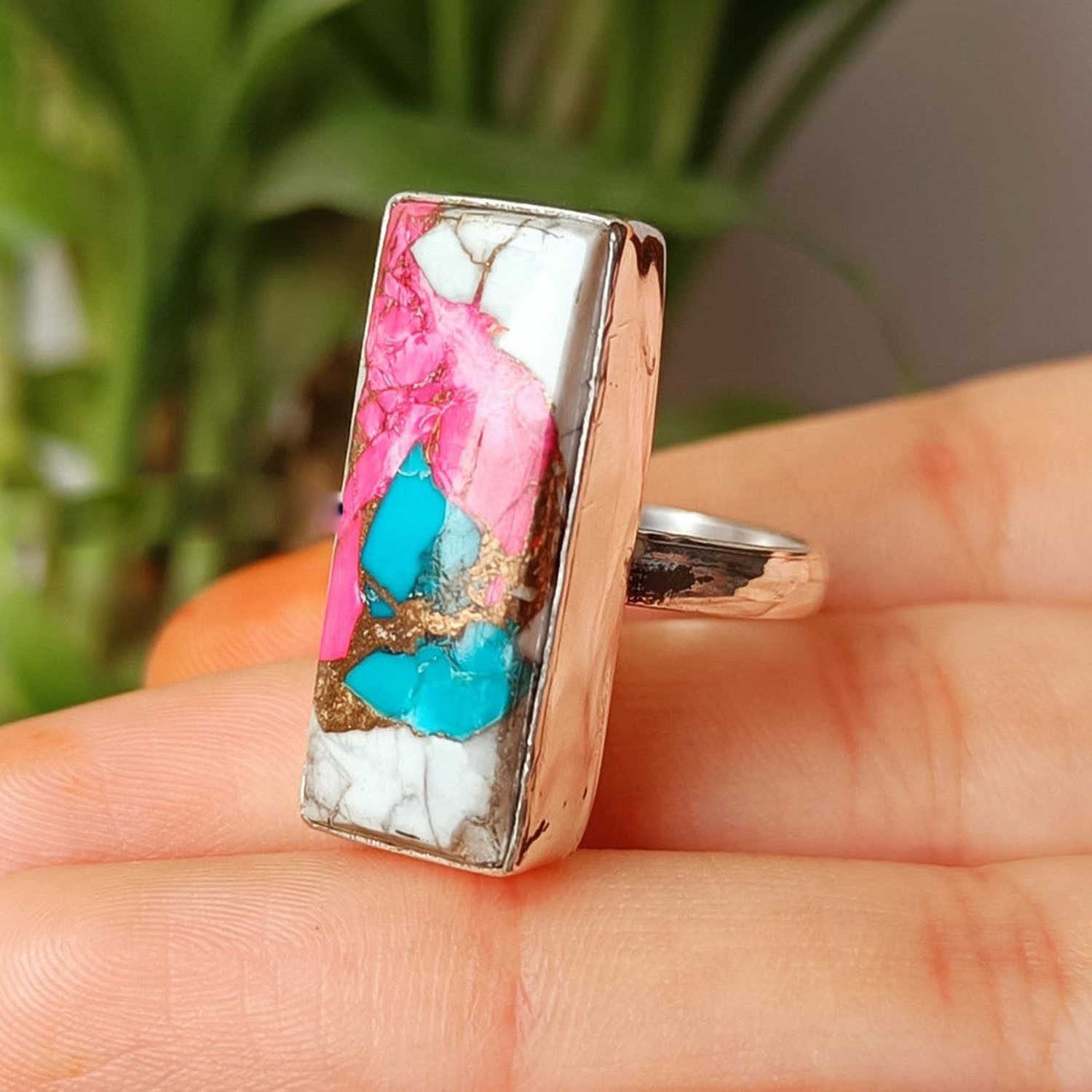925 Sterling Silver Cotton Candy Turquoise Gemstone Handmade Women Rings B#472