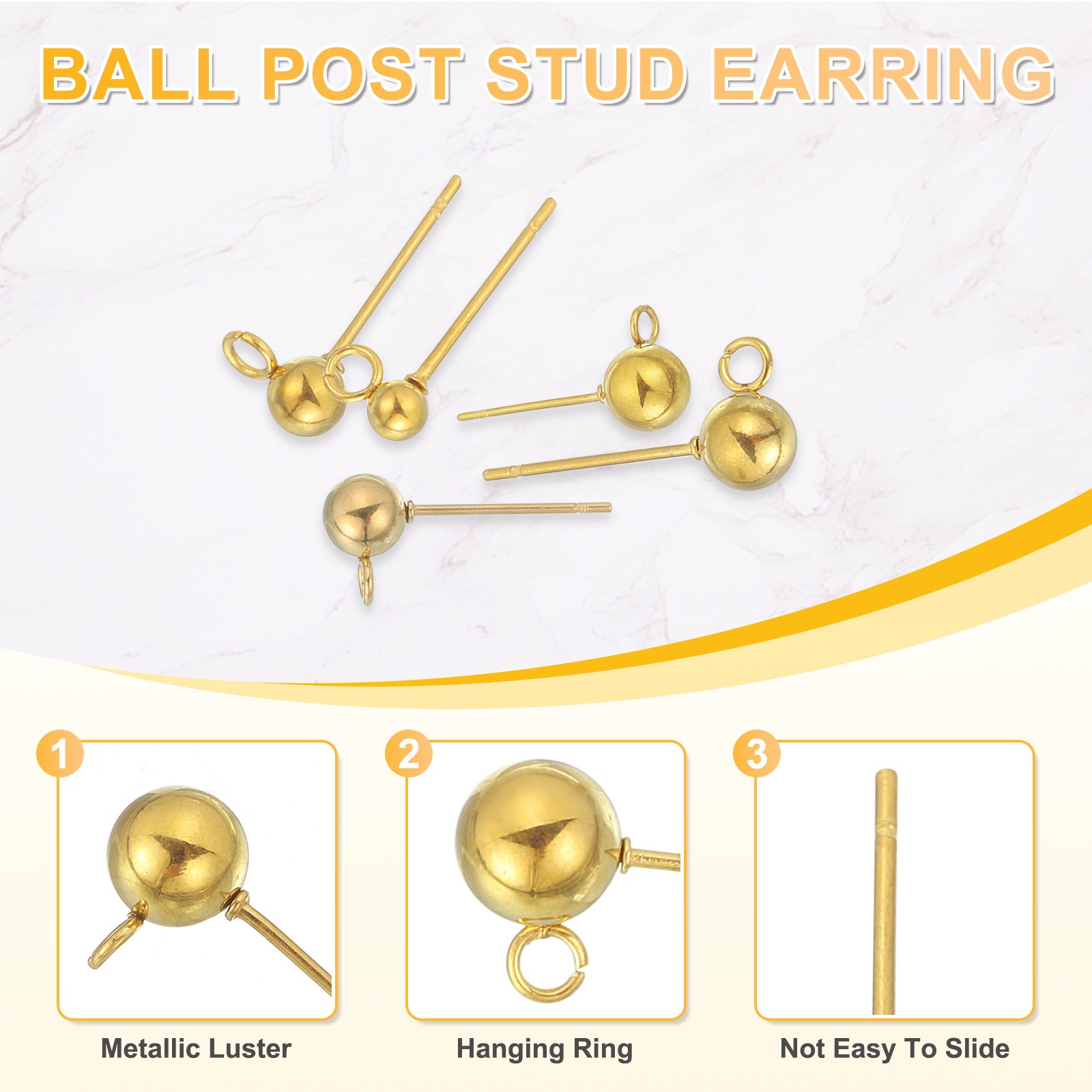 20Pcs Ball Post Stud Earrings, 15x3mm Round Ear Pin with Vertical Loop, Gold