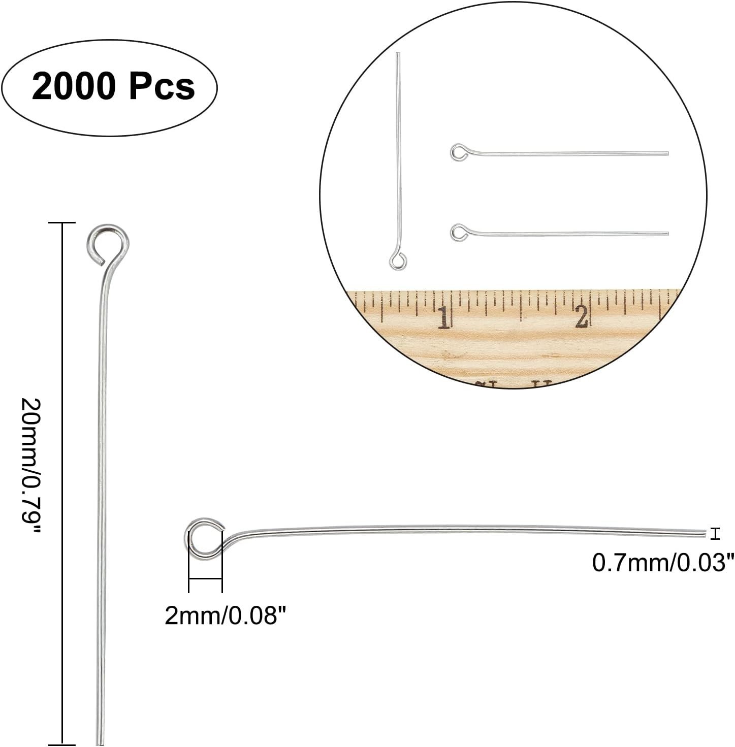 2000 Pcs 304 Stainless Steel Open Eyepins Loop Pins Headpins Findings 0.8 inch/