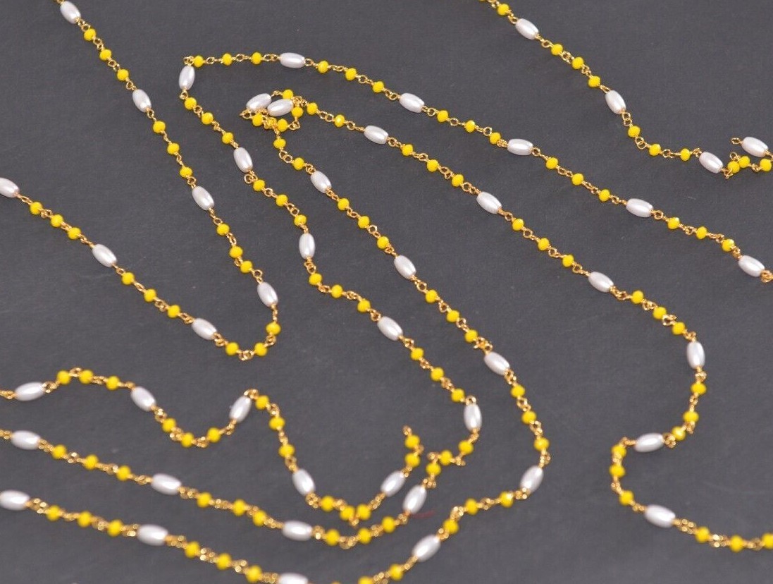 Beaded jewelry making bulk roll chain, 3mm yellow & rice pearl bead rosary chain