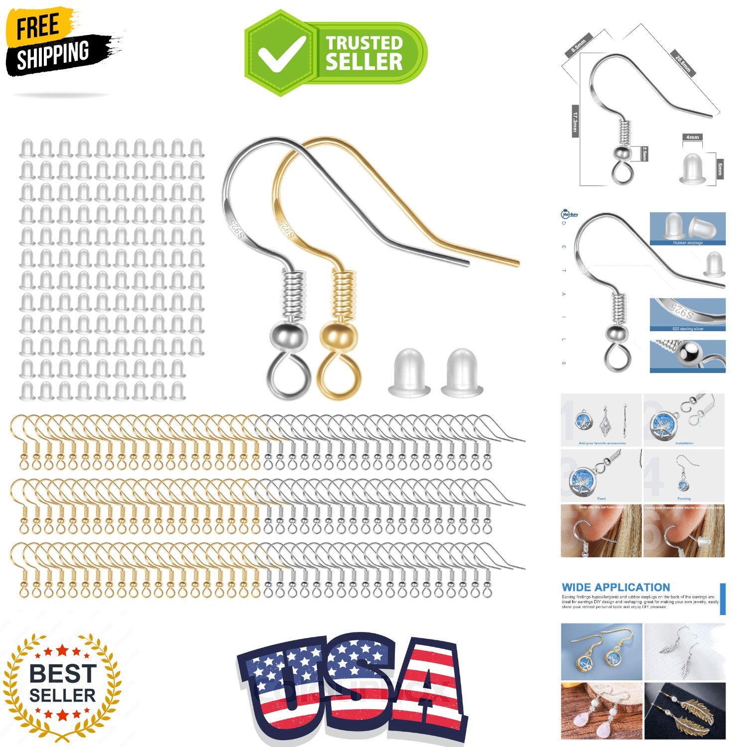 925 Sterling Mixed Earring Hooks 120 PCS/60 Pairs, Ear Wires Fish Hooksfor DI…