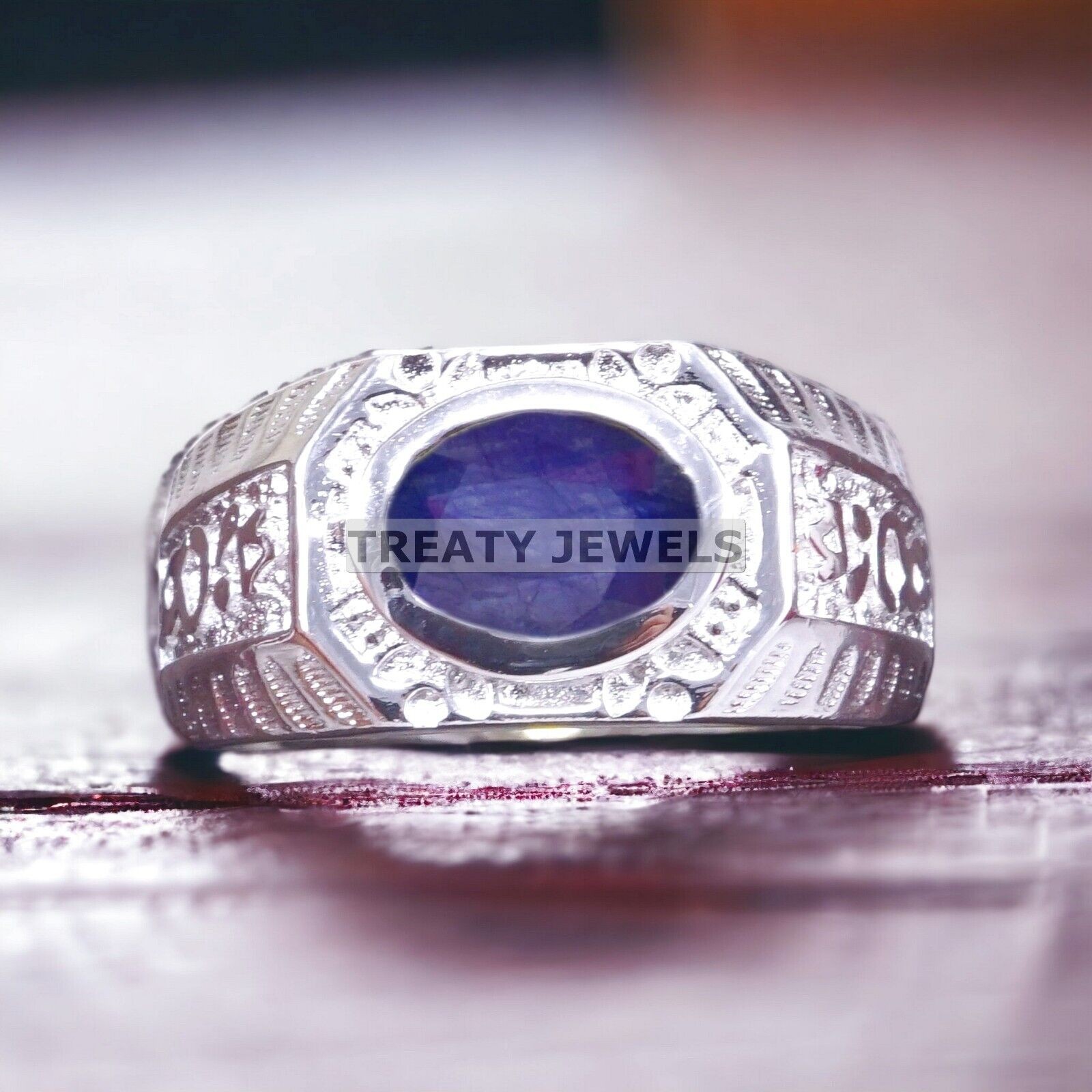 Blue Sapphire Oval Cut Gemstone With Solid 14K White Gold Ring For Men’s #A228 #
