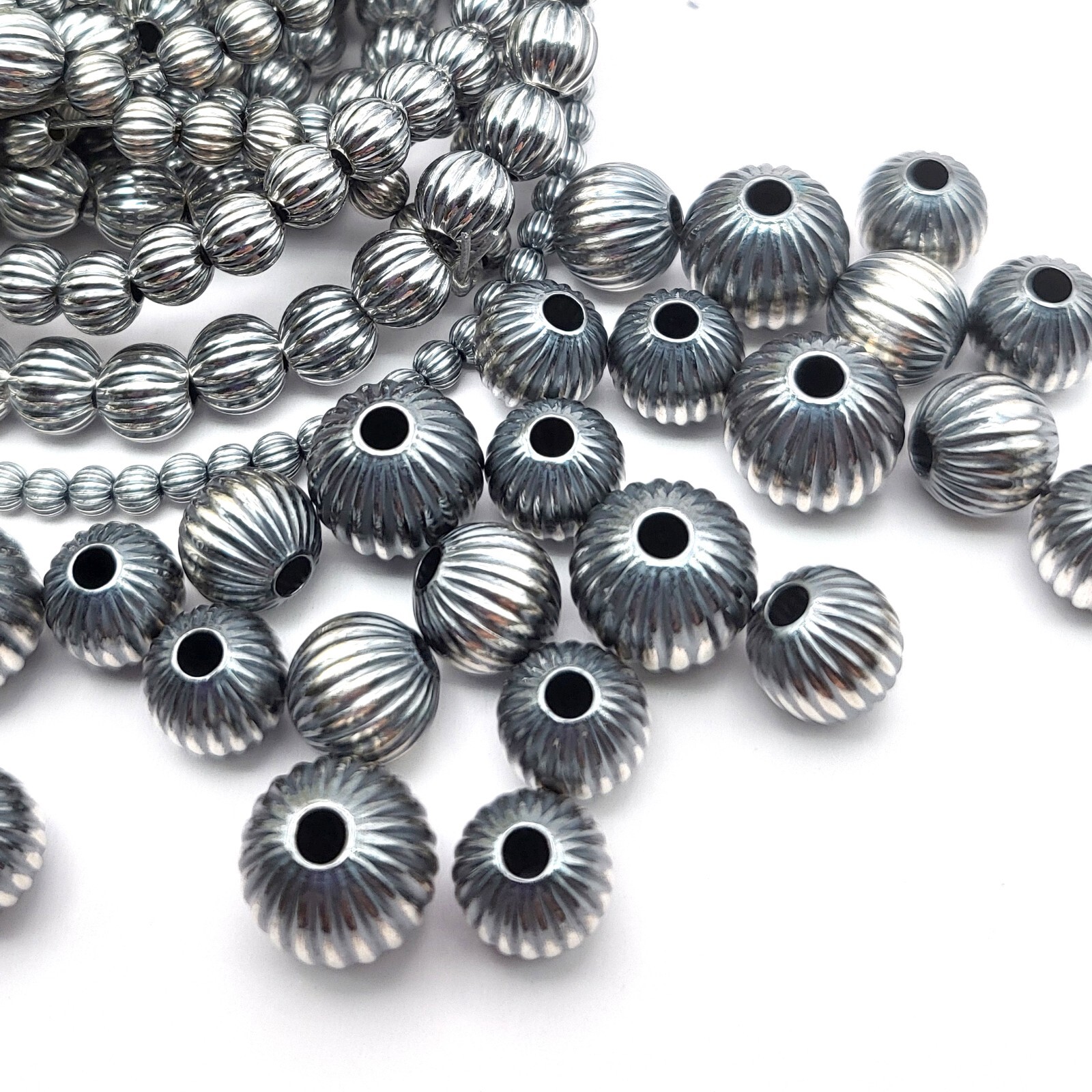 Lovely Round Navajo Pearl Real .925 Sterling Silver Corrugated Spacer Beads Ball