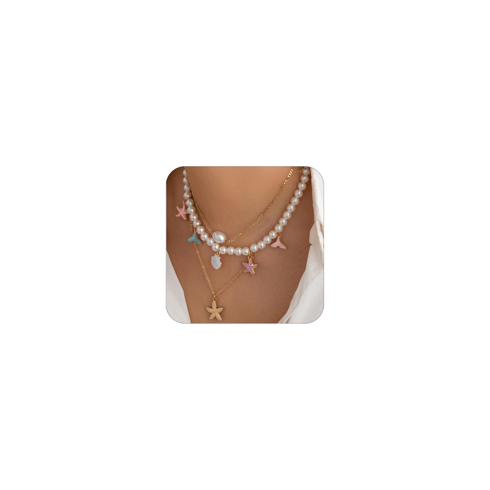 Gold Layered Seashell Starfish Necklace: Adult Women’s Boho Turtle Conch Starfis