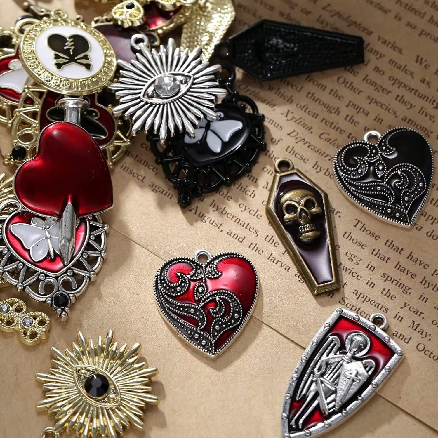 4 Gothic Charms Death Pendants Halloween Findings Gold Black Enamel Set Mixed
