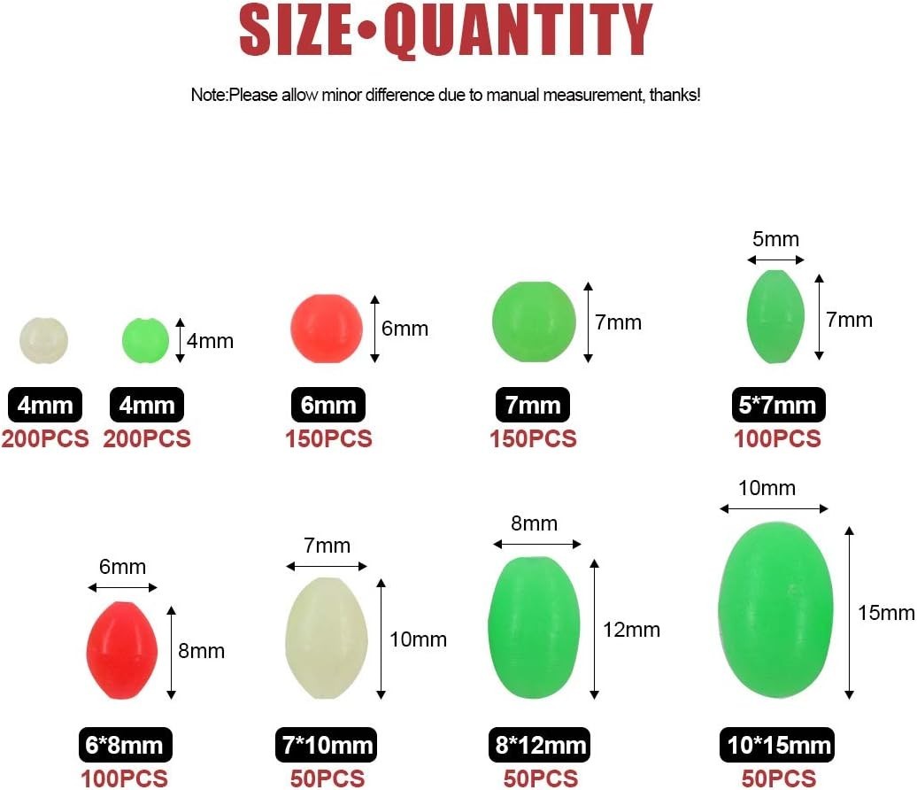 1050 Pcs Soft Plastic Fishing Beads – 9 Sizes Glow Eggs for All Fishing Needs