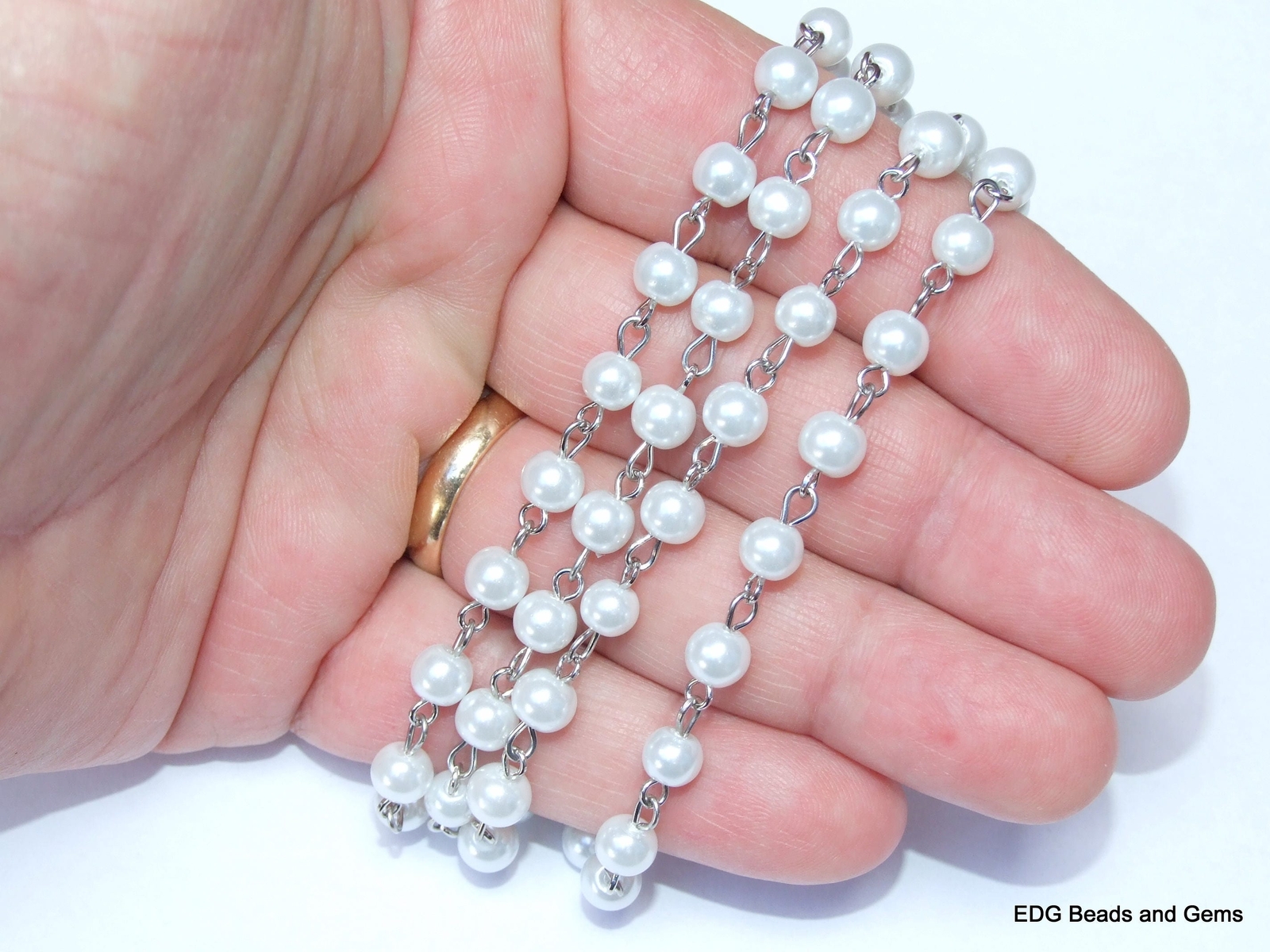 White Pearl Rosary Chain, Bulk Chain, 1 Meter, Glass Beads, Beaded Chain, Body