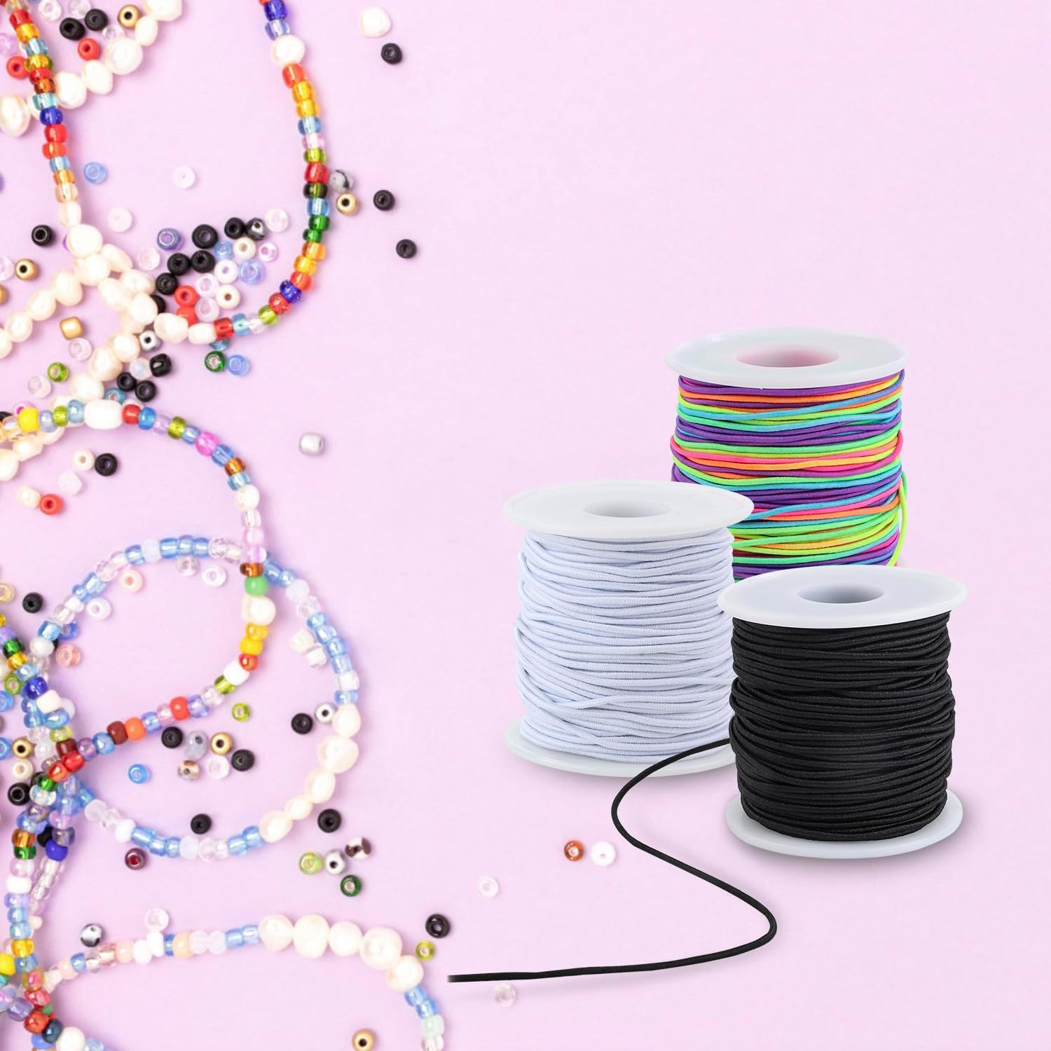 Stretchy String for Bracelets, 2 Rolls 0.8mm,1 mm,1.5mm,330 Feet Sturdy Elastic