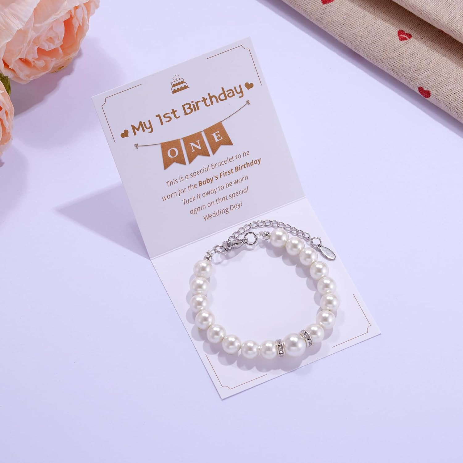 First Birthday Pearl Bracelet Gift for 1 Year Old Daughter Granddaughter Niece,