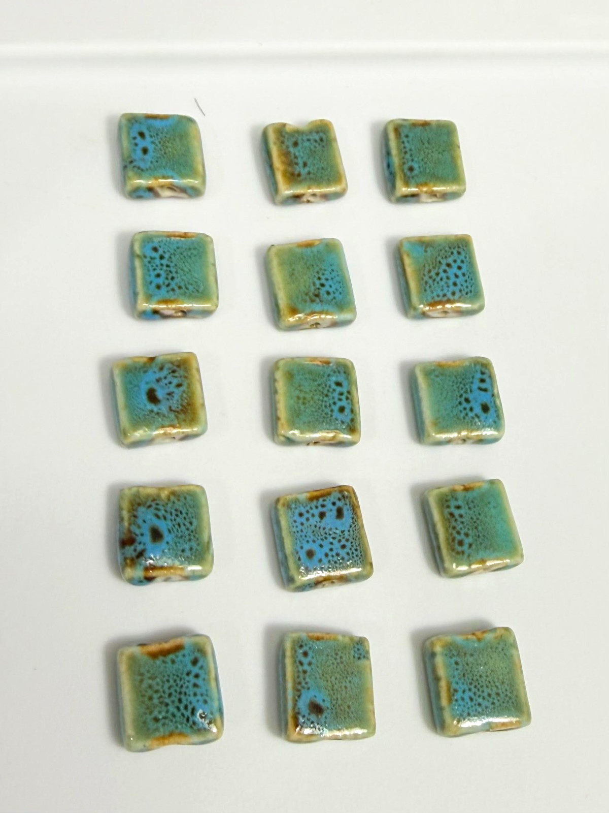Ceramic – Blue Green Brown 13mm x 14mm Square Beads (15 Beads)