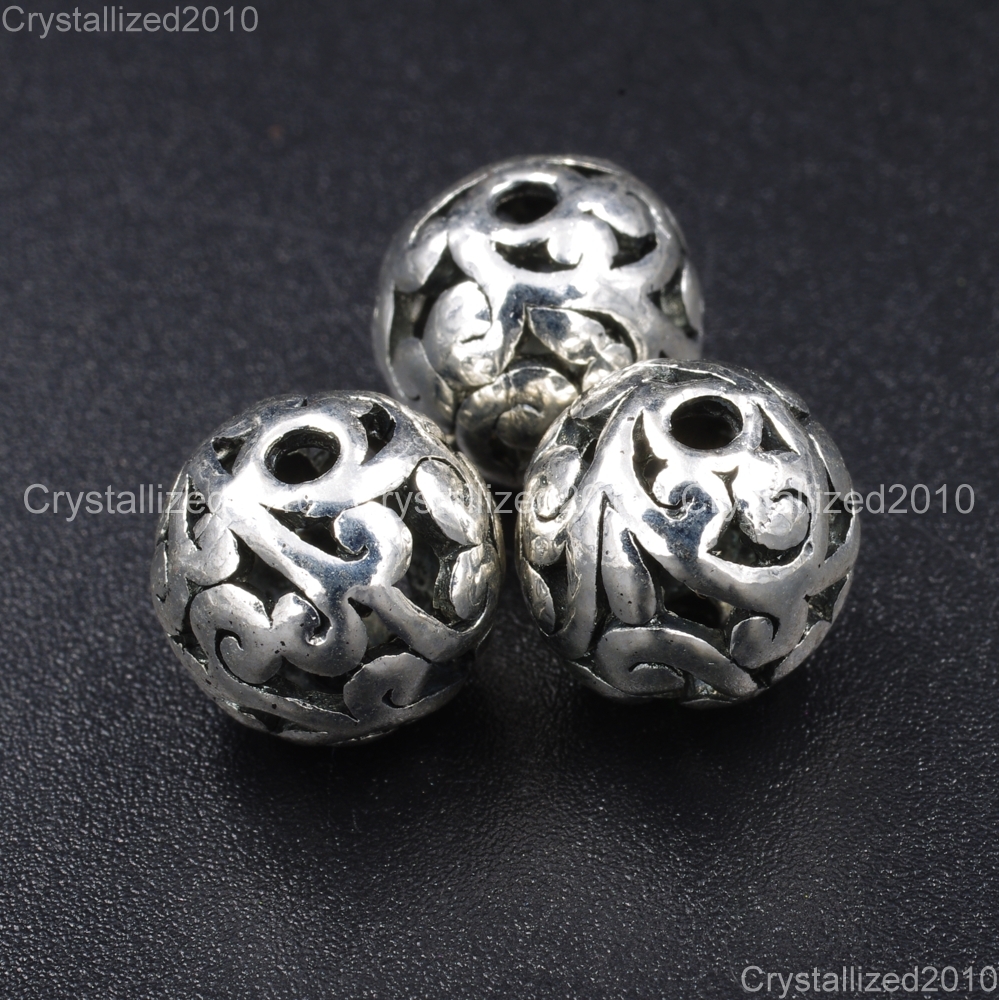 Tibetan Silver Carved Patterned Hollow Connector Round Spacer Charm Beads 8-12mm