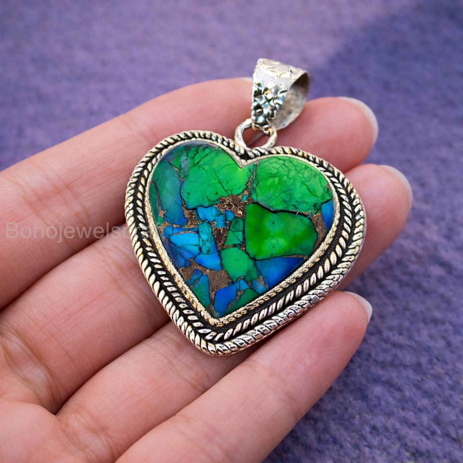 Peacock Dahlia Turquoise Heart Pendant 925 Silver Gemstone Jewelry Gift RJ#114