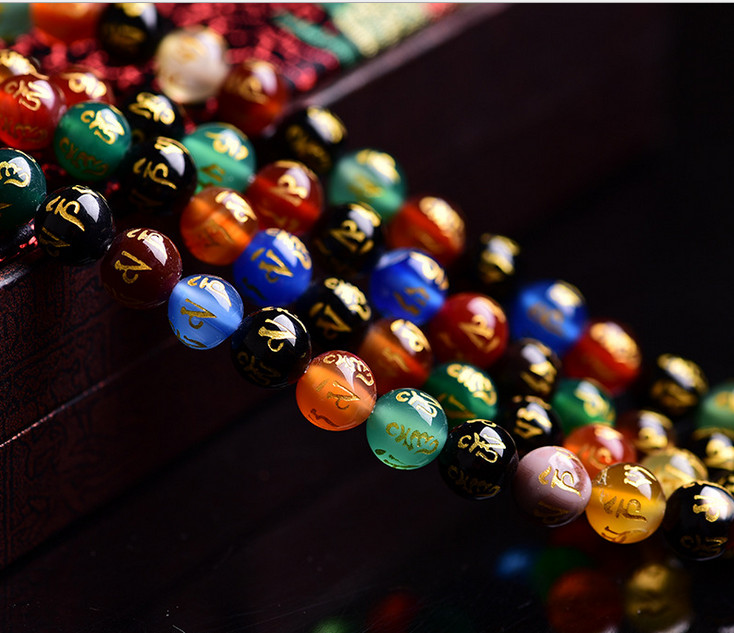 8-14mm Tibetan Multicolor Agate Carve Mantra Om Mani Padme Hum Loose beads 15″