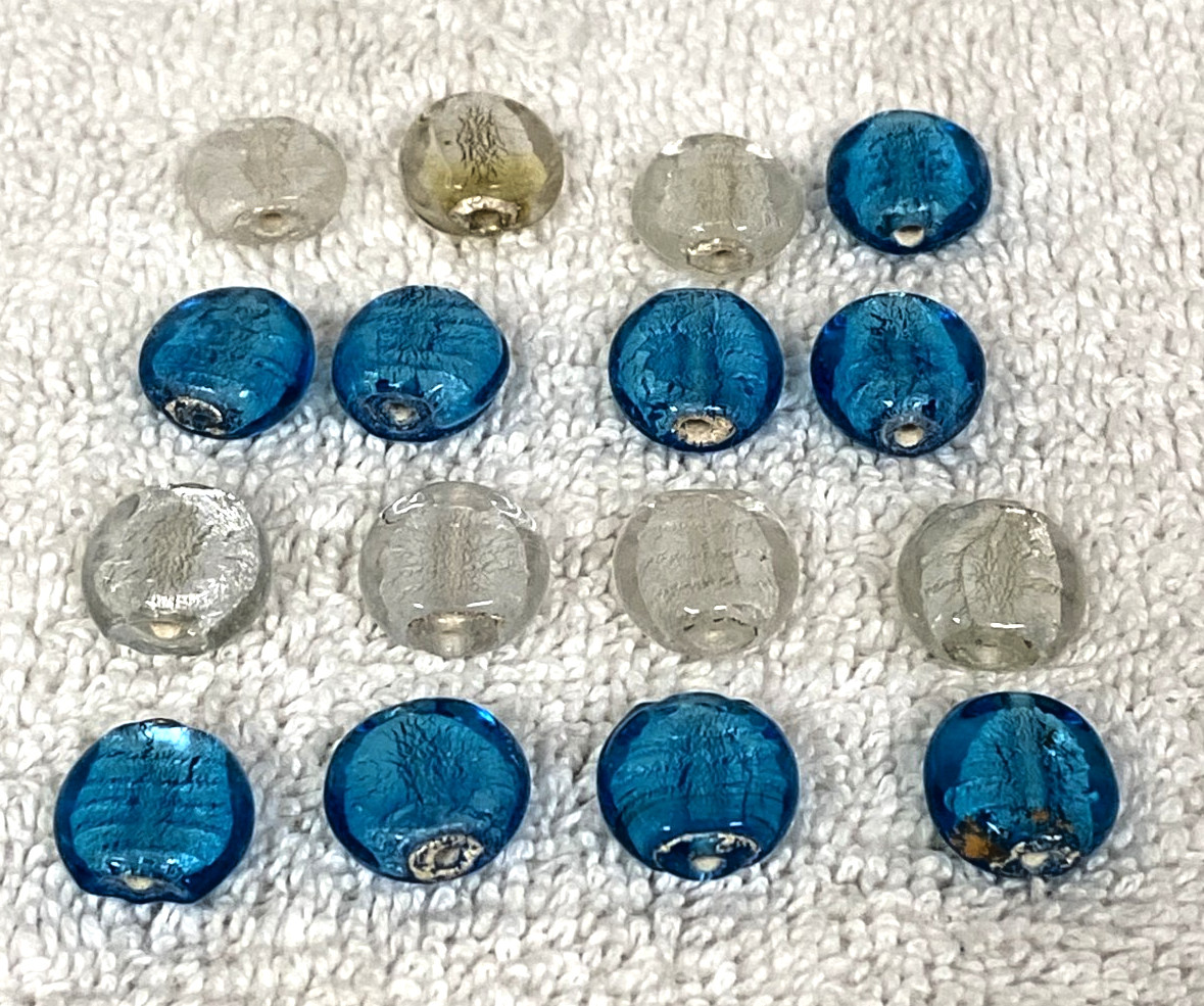 16 Vintage Bright Blue White Silver Foil Glass Flat Round Beads 1/2″ W x 1/8″