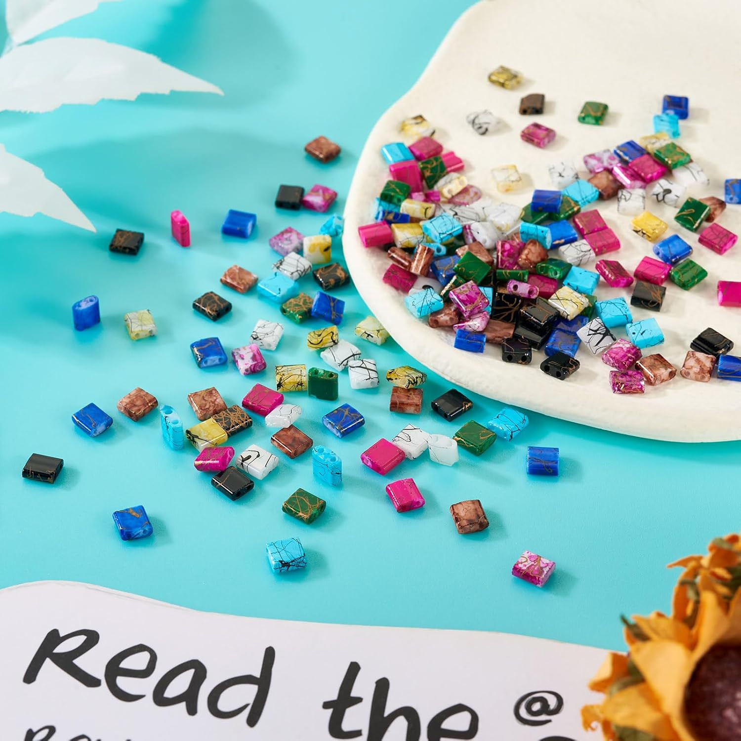 Glass Seed Beads 180Pcs 2 Hole Tila Beads 9 Colors Crystal Glass Tile Beads Squa