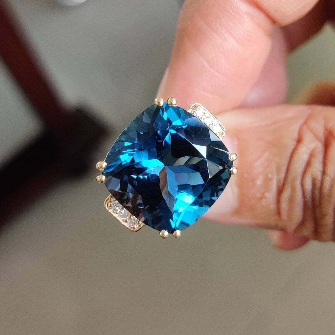 Cushion Cut London Blue Topaz Art Deco Wedding Ring 14k gold plated Silver