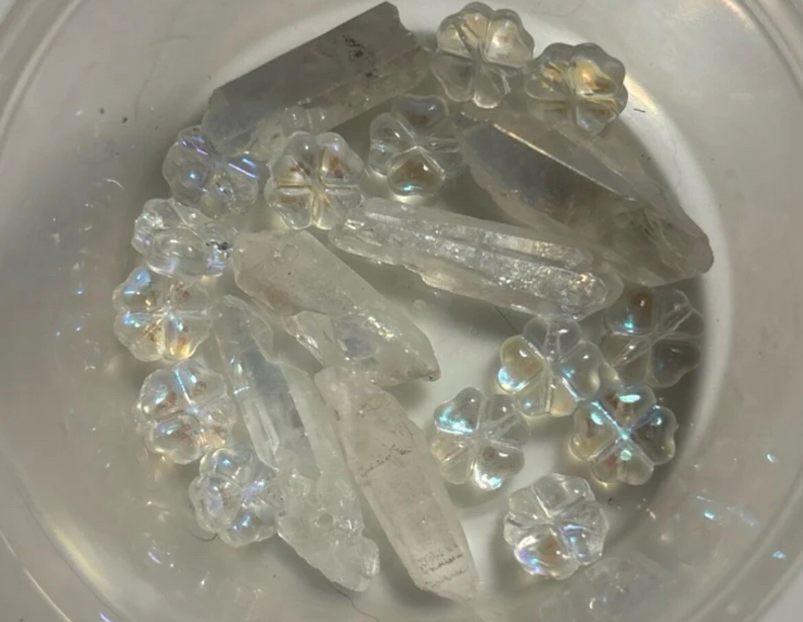 beads for jewelry making Quartz Crystal spike points and Czech glass clover flow