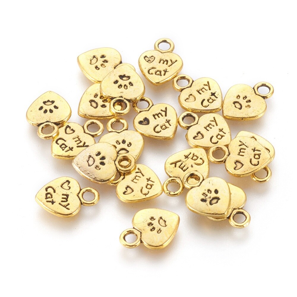 10 Paw Print Charms Word Pendants Heart Tags I LOVE MY CAT Pet Lover