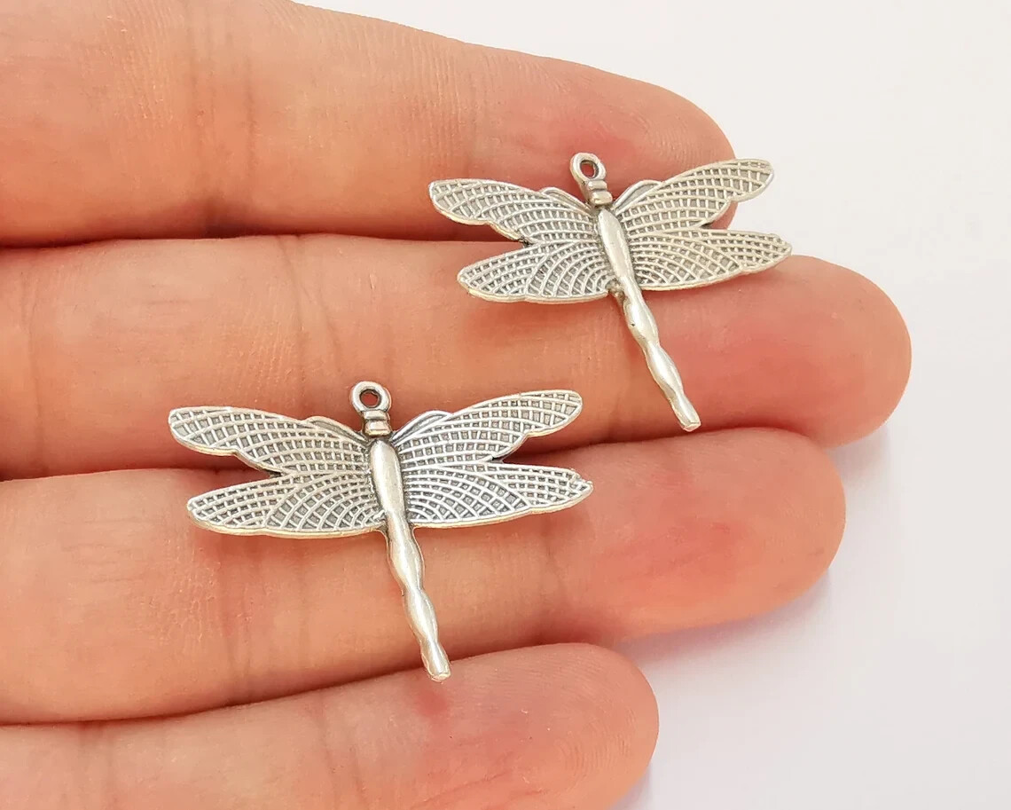 2 Pcs Dragonfly Animal Nature Antique Silver Plated Charms jewelry accessories