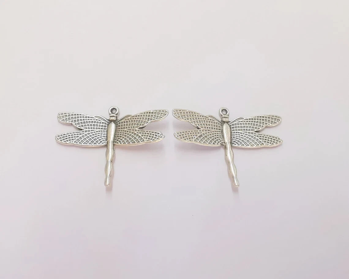2 Pcs Dragonfly Animal Nature Antique Silver Plated Charms jewelry accessories