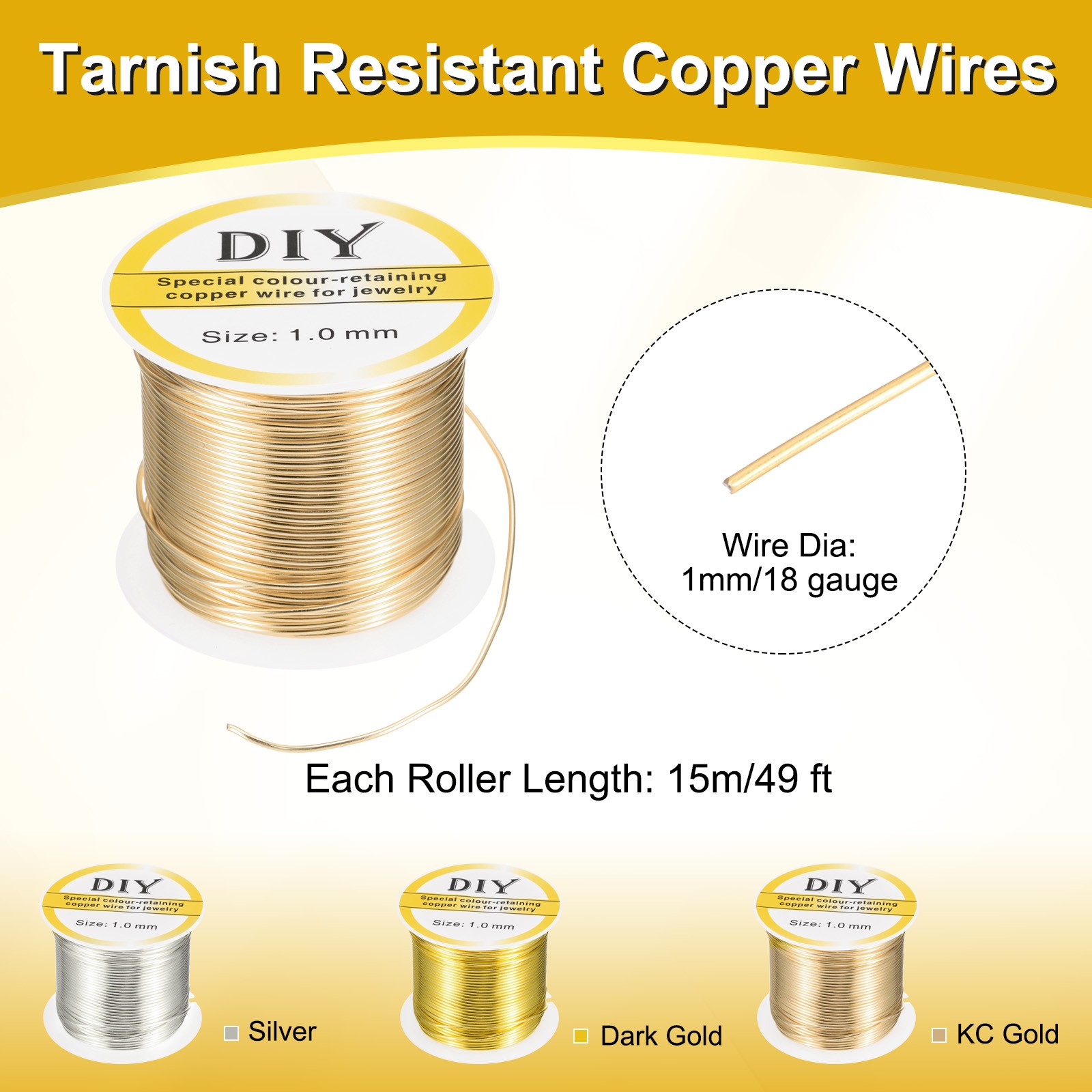1mm Craft Wire Beading Copper Wire for Jewelry Make Supply(Bright Gold)-49 ft