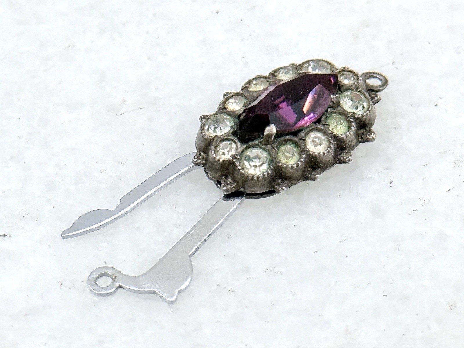 Antique Art Deco Silver Lotus Dark Pink Navette & Clear Rhinestone Clasp