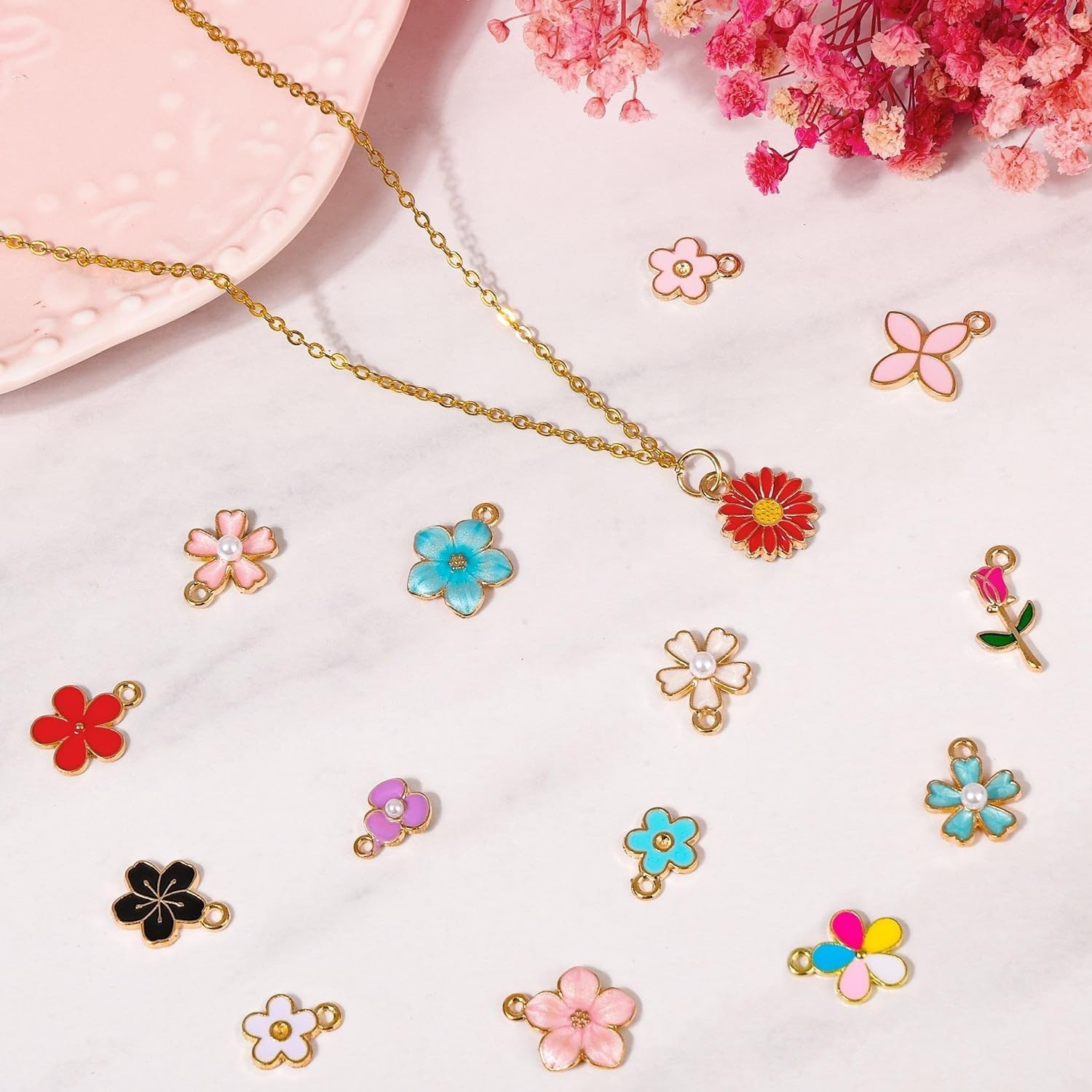 100Pcs 50 Pairs Flower Charms for Jewelry Making, Wholesale Assorted Enamel Mixe