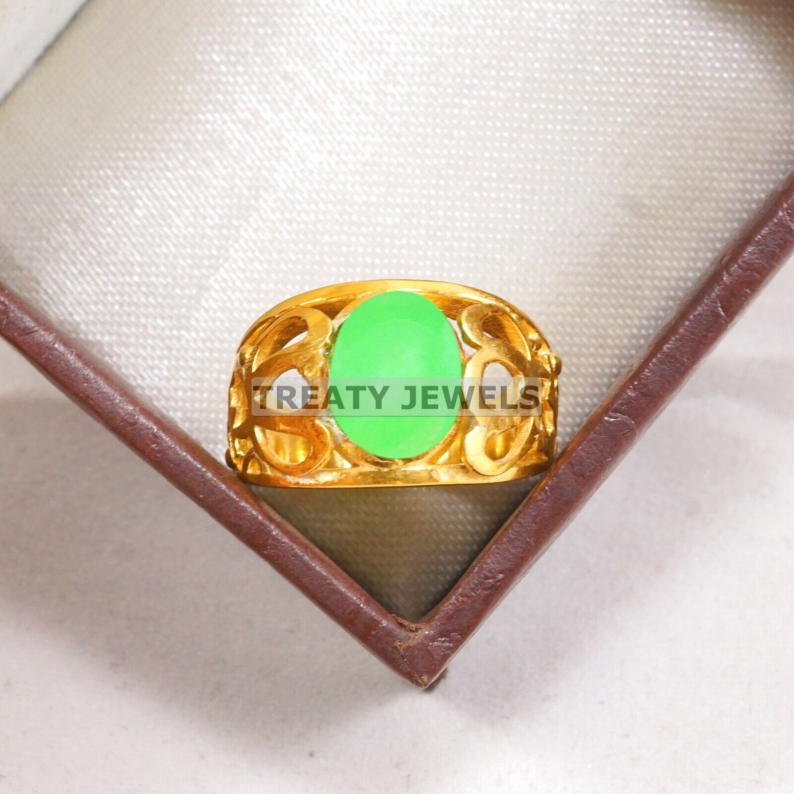 Jade Oval Cut With 925 Sterling Silver Gold Plated Ring For Men’s #B179 #