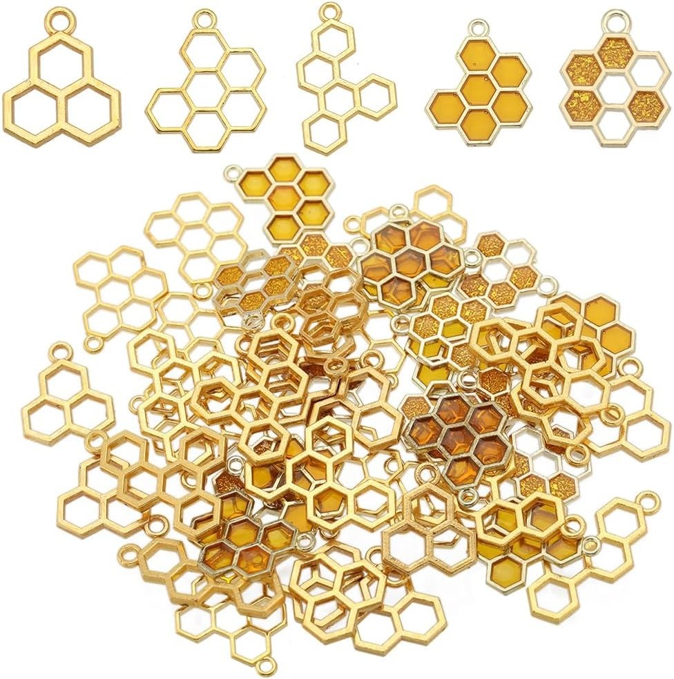 1 Box 60Pcs 5 Styles Bee Charms Honeycomb Charms Bulk Honeycomb Enamel Charm