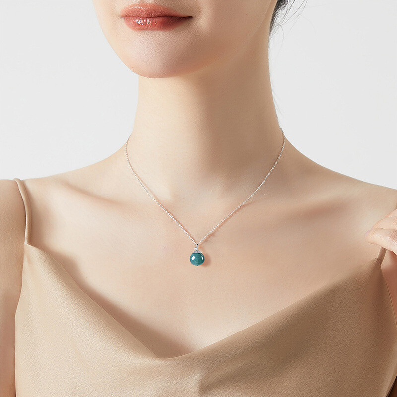 Pure S925 Sterling Silver Grade A Natural Blue Jade Jadeite Round Ball Pendant