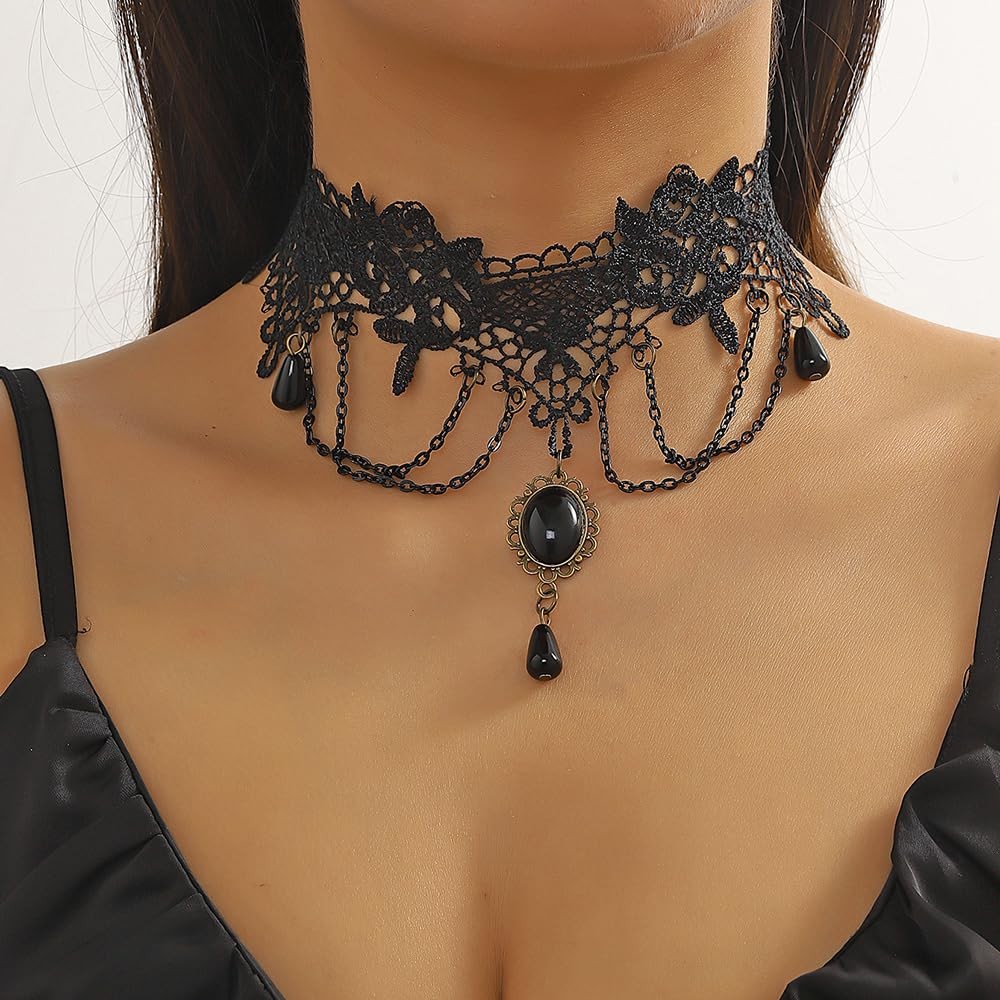 Women Black Halloween Tassels Lace Choker Necklace Boho Fashion Prom Shinny Punk