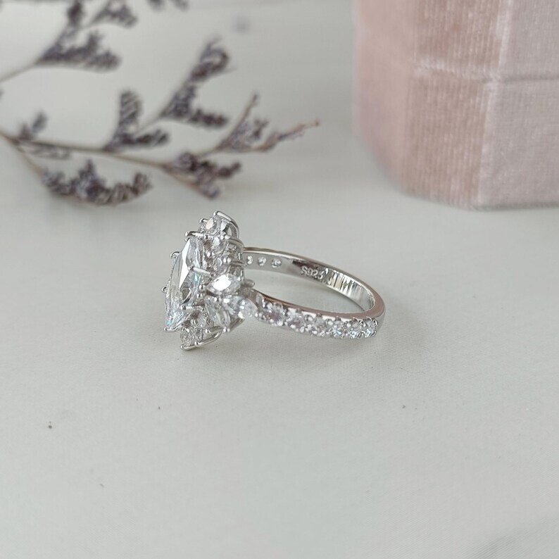Marquise Cut Halo Engagement Ring – Vintage Style Moissanite Diamond Ring