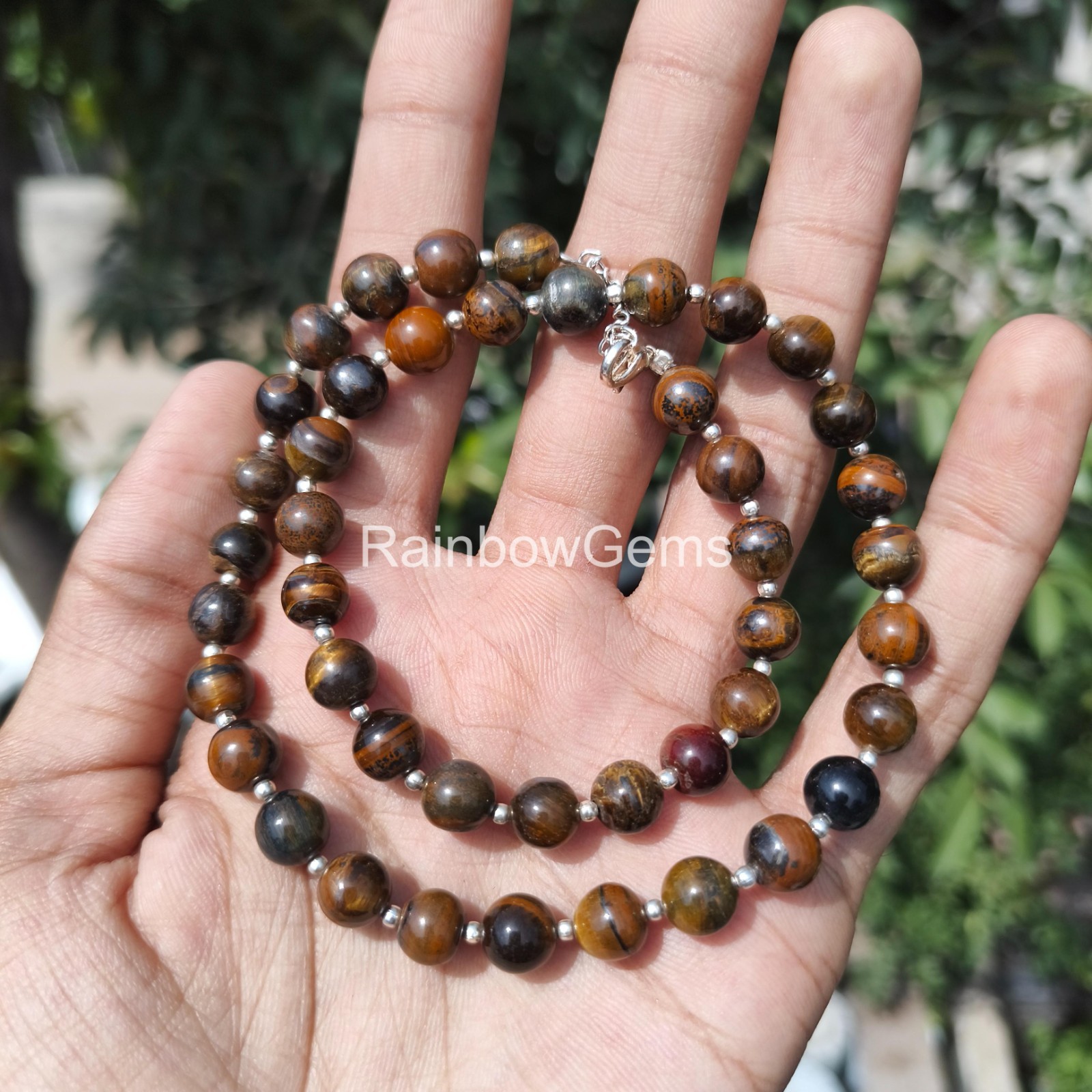 AAA Natural Tiger’s eye Beaded Necklace . 8mm Smooth Round Tiger’s eye Beads