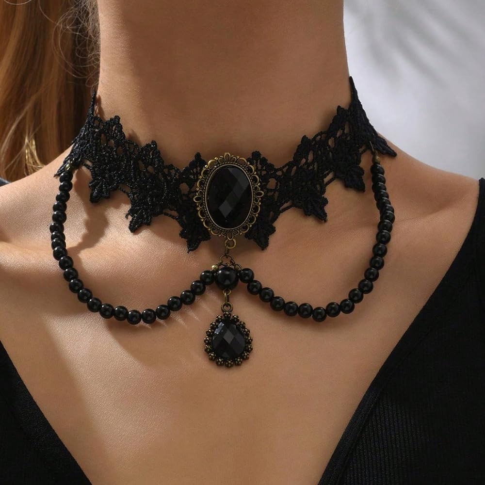 Women Black Halloween Lace Choker Necklace Shinny Tassels Crystal Punk Black Lac