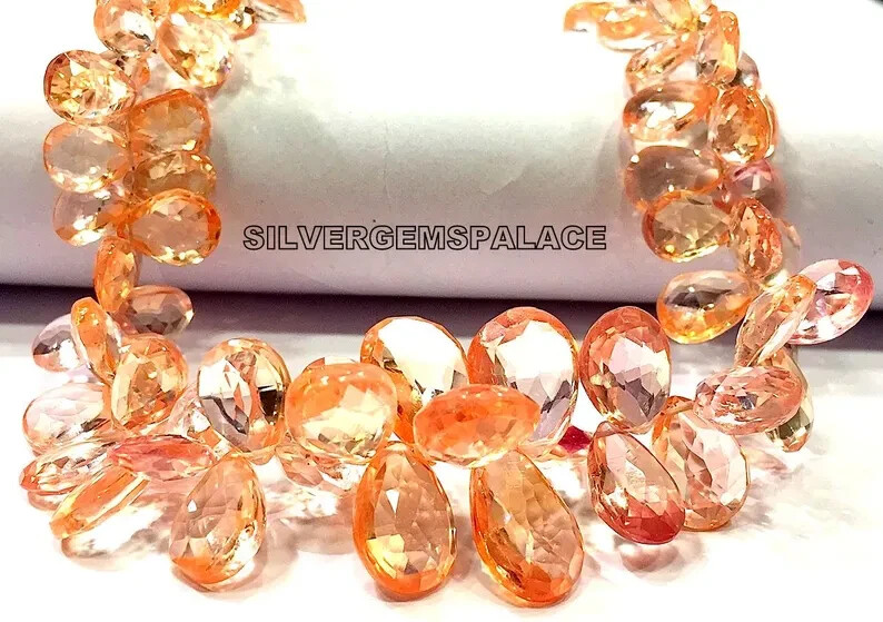 AAAA+ Rare Padparadscha Sapphire Faceted Necklace Sapphire Pear Cut Beads.