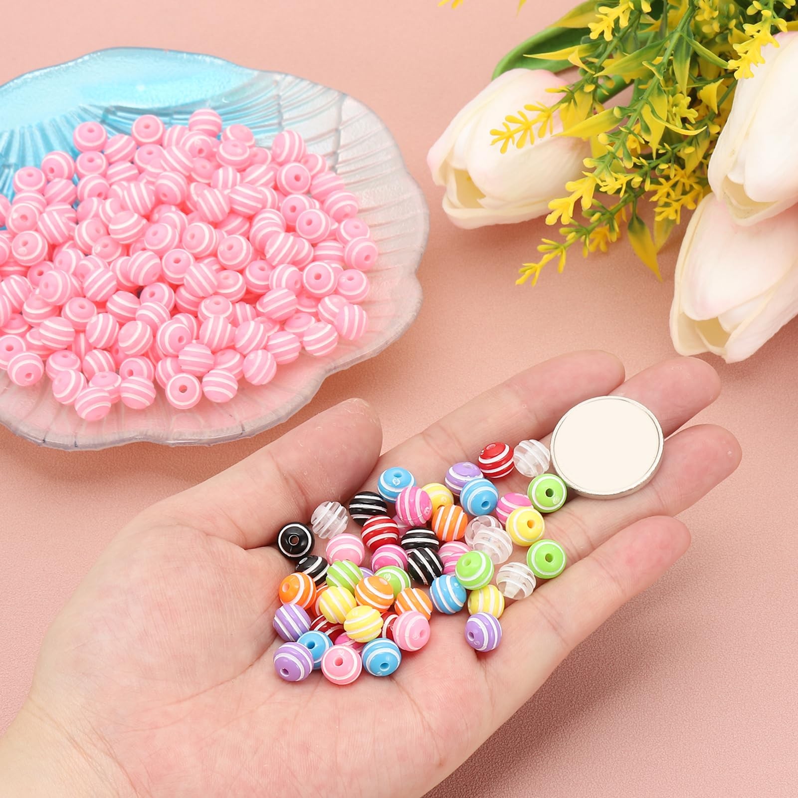PATIKIL 8mm Round Strip Bead, Rose and White Acrylic Rainbow Beads Colorful J…