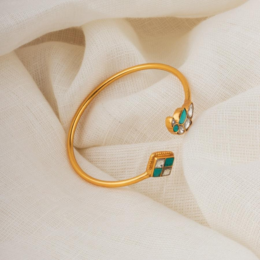Green Stone Polki Minimal 18K Gold Plated 925 Silver Bracelet