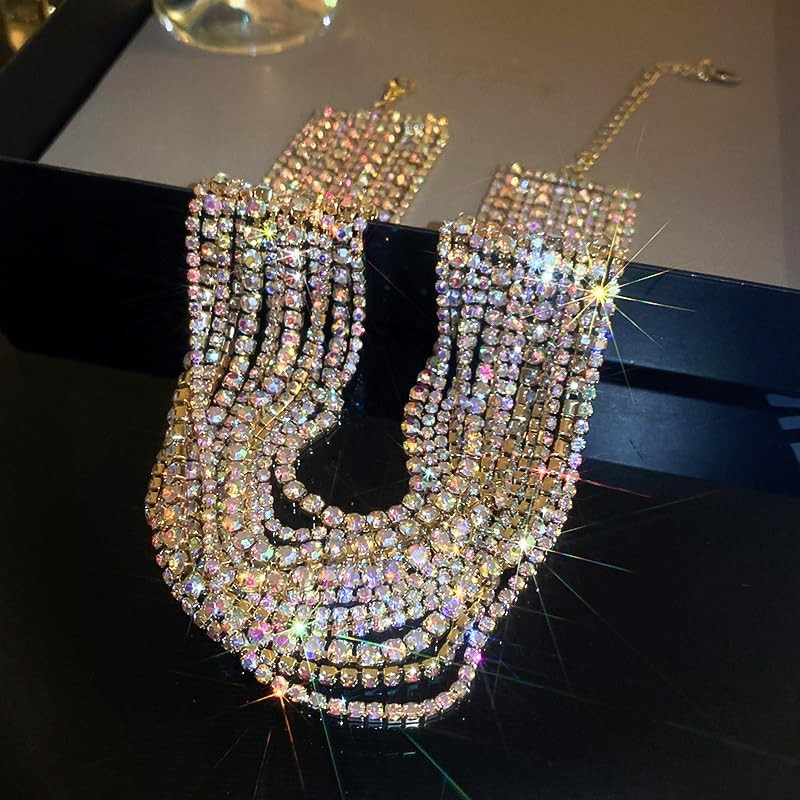 Boho Prom Big Shinny Caystals Rhinestones Choker Necklace Dainty Layered Sexy Ch