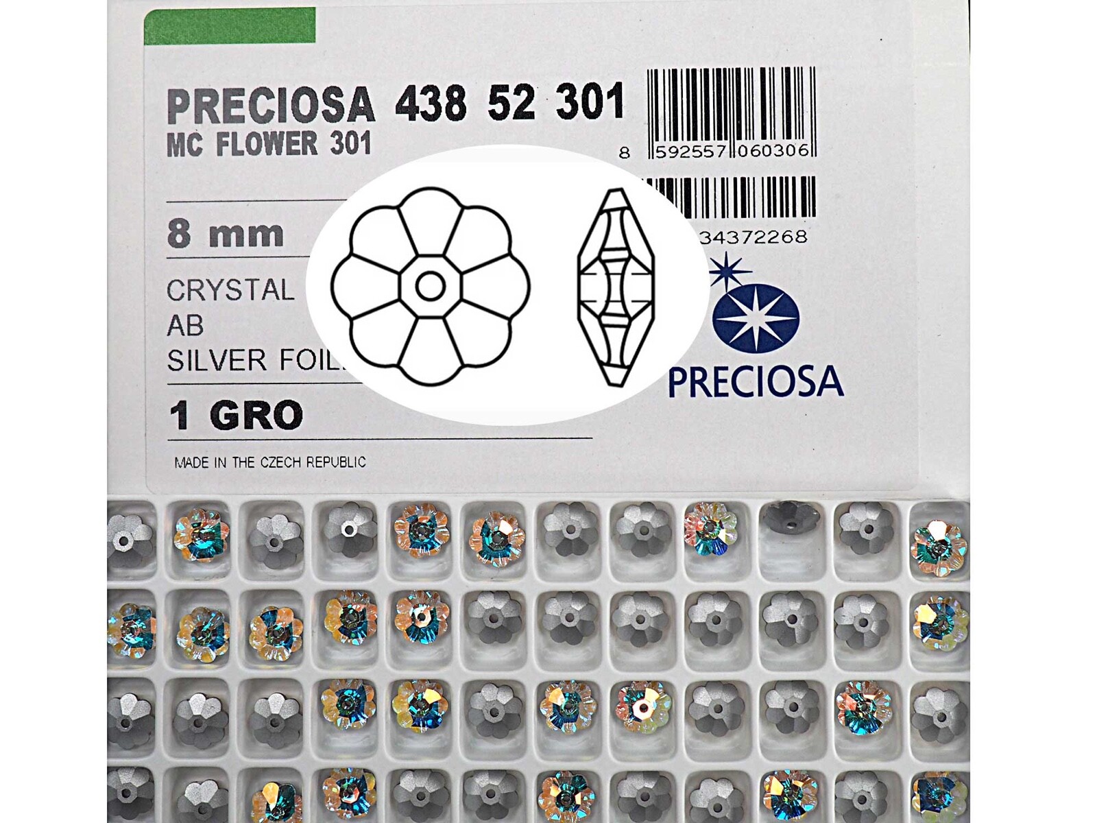Crystal AB, Preciosa Czech MC Flower 1-hole Sew-on Stones Style #301, 8mm 36 pcs
