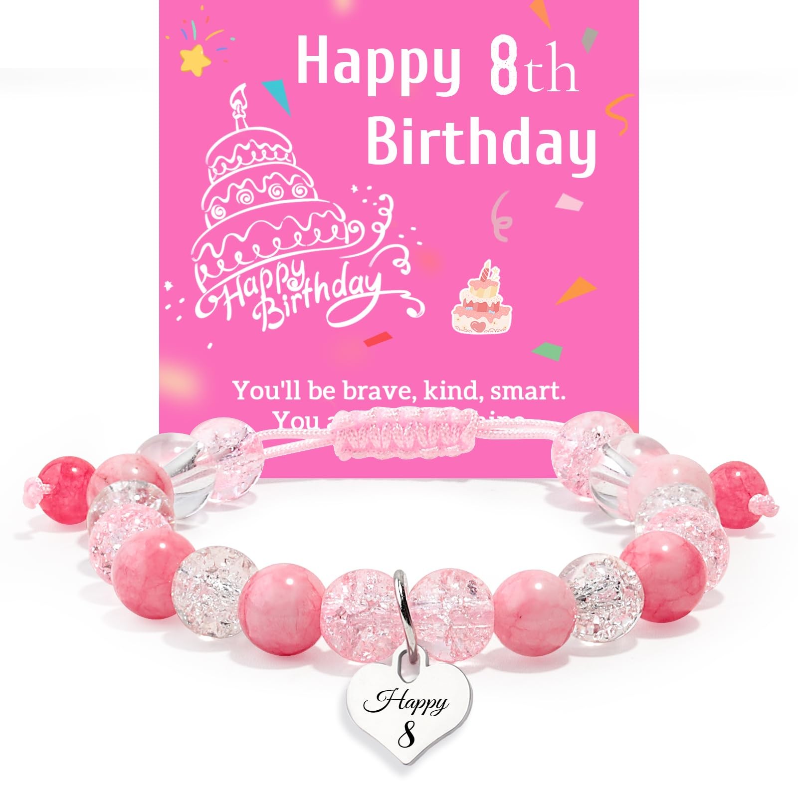 Birthday Bracelets Gifts for 1 2 3 4 5 6 7 8 Year Old Girls, Pink and white crys
