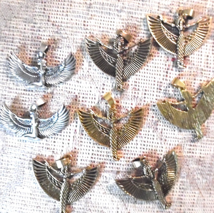 8 ISIS charms, 6 gold ( 1-5/8″), 2 silver (1-3/8″) colored metals, bails &detail