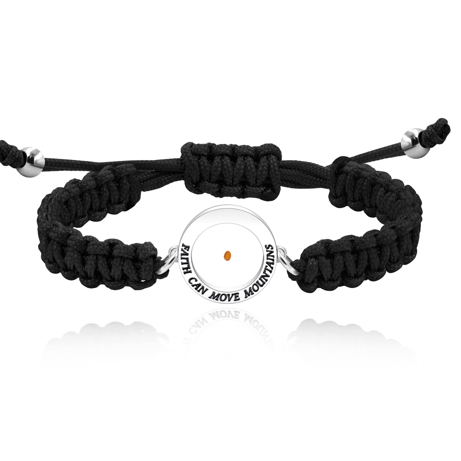 Handmade Black Braided Rope Bracelet with Round Mustard Seed, Engraved Faith Can