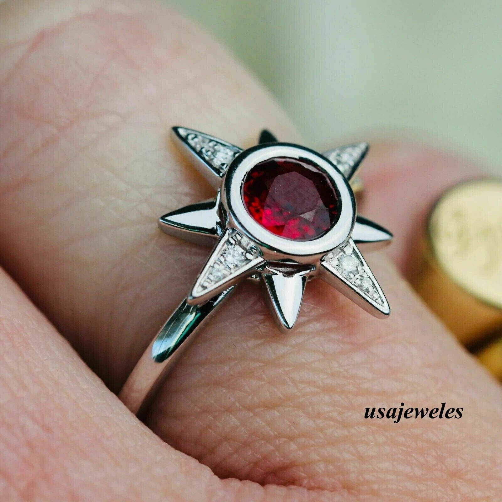 14K White Gold Finish 1.84CT Round Cut Genuine Real Ruby Star Shape Jewelry Ring