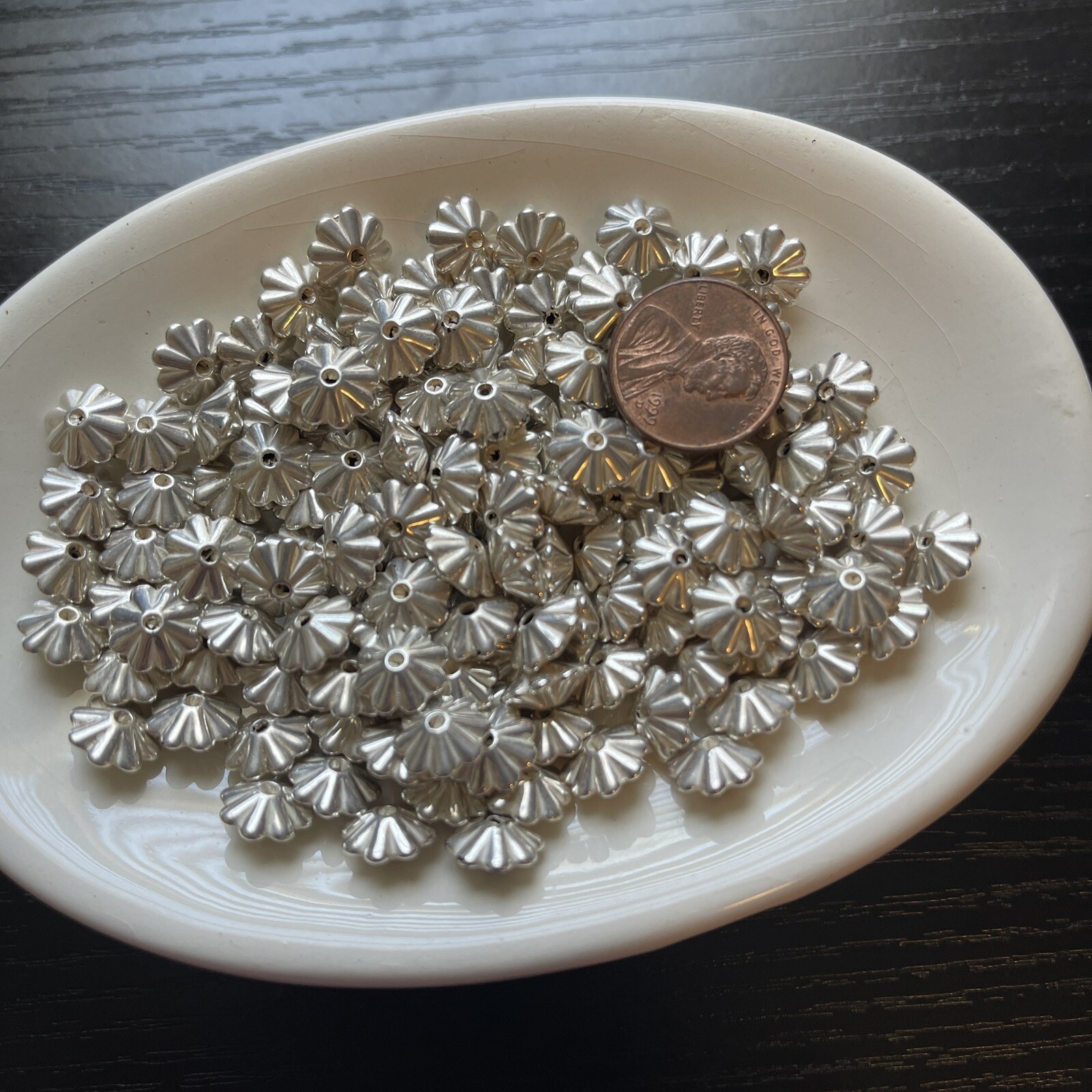140 pcs Bright Silver Fluted Ribbed Bicone Rondelle Beads 10×5 mm Metalized