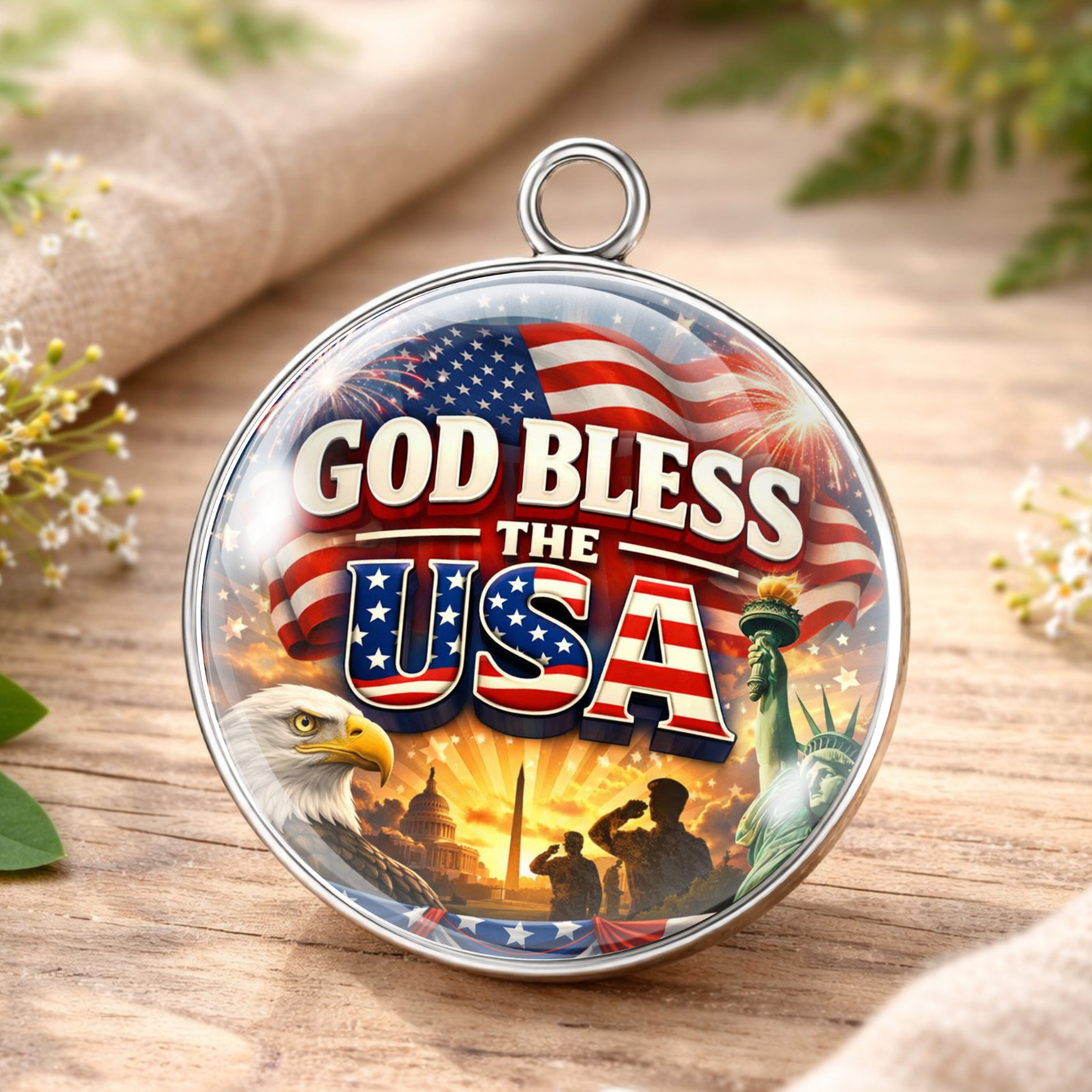God Bless the USA Glass Cabochon Charm – Patriotic American Eagle & Flag Design